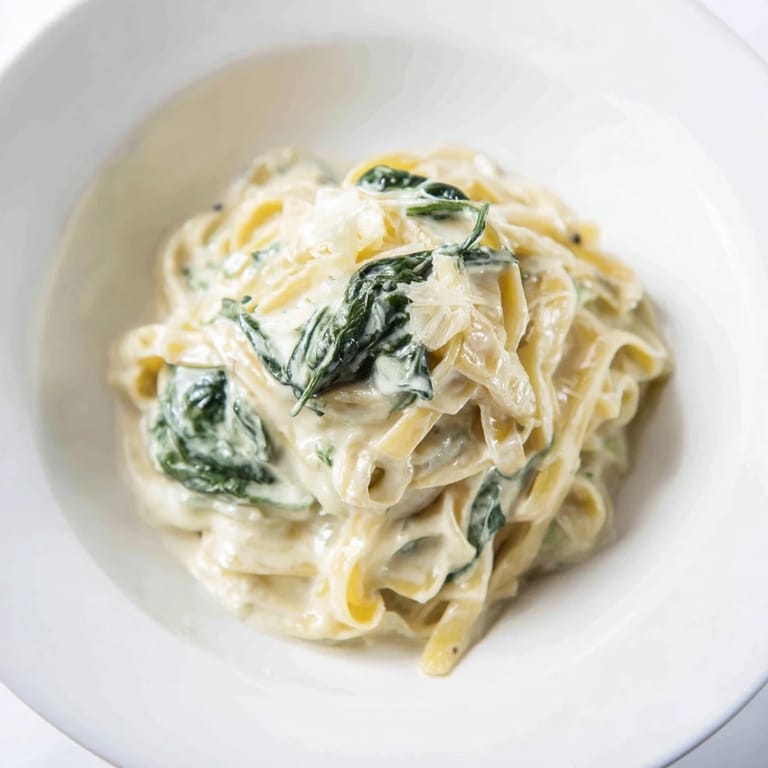 Close-up of Creamy Garlic Spinach Pasta showcasing creamy sauce clinging to noodles and vibrant spinach, perfect with a side salad and garlic bread.