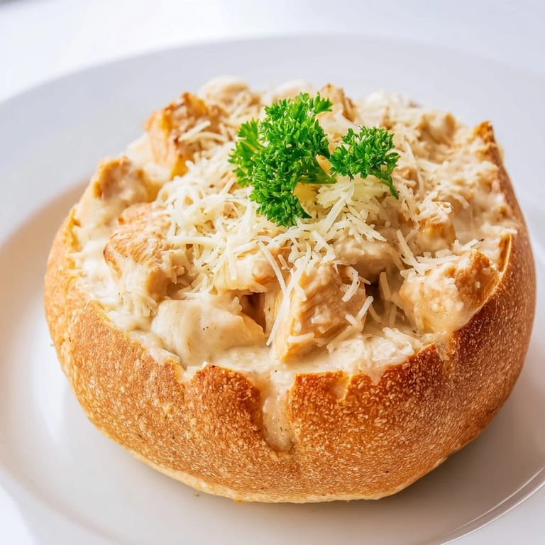 Serving suggestion for chicken Alfredo bread bowl, presented on a rustic table with a side salad.