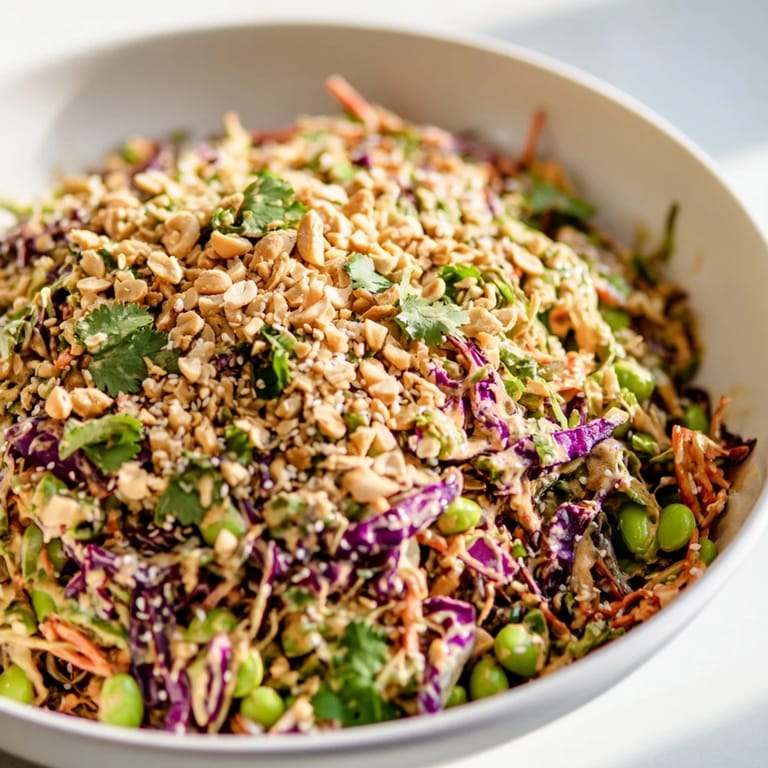 Freshly prepared Crunchy Thai Peanut Salad in a platter, loaded with edamame, scallions, and sesame seeds, ready to enjoy as a light vegan lunch or side.