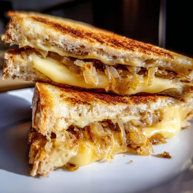 Gooey Caramelized Onion Grilled Cheese oozing sharp cheddar, served with a dill pickle spear.