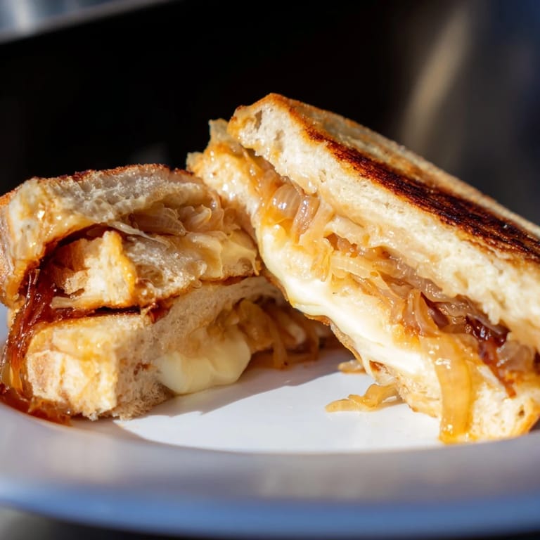 Thick slices of buttery grilled sandwich stuffed with sweet onions and bubbling sharp cheddar.