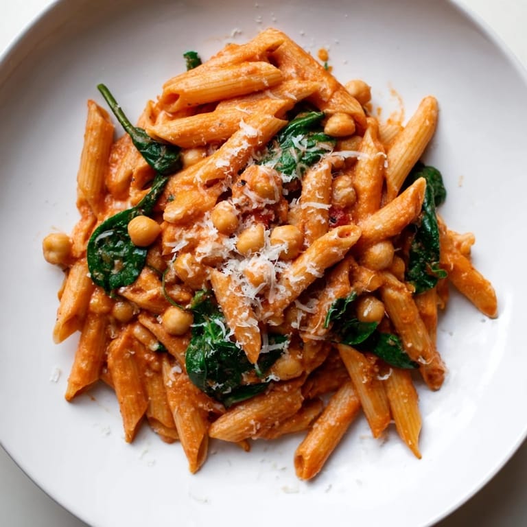 A vibrant serving of Creamy Tuscan Chickpea Pasta showcases wilted spinach, fresh basil, and grated Parmesan for a comforting, vegetarian main dish.