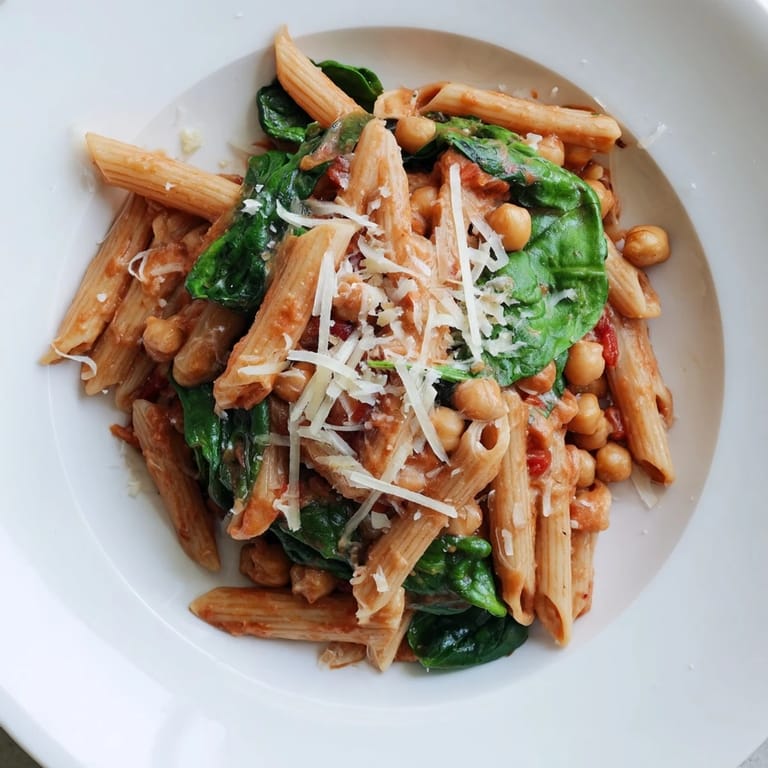 Hearty Creamy Tuscan Chickpea Pasta in a skillet, blending savory chickpeas and spinach in a luxurious tomato sauce, perfect for a quick weeknight meal.