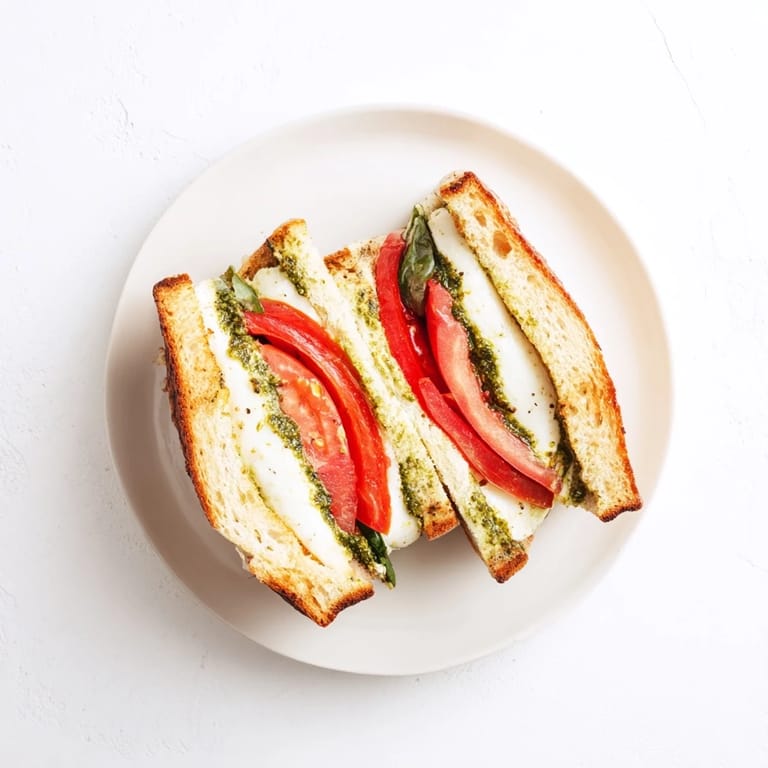 A close-up of the Caprese Pesto Grilled Cheese with melted mozzarella oozing between crusty bread and vibrant green pesto.  