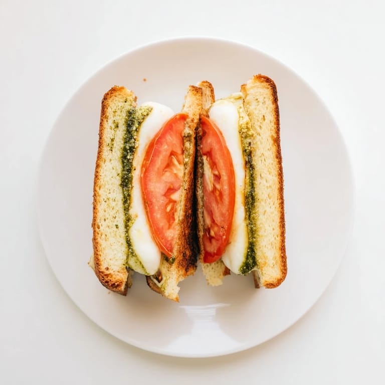 Freshly sliced Caprese Pesto Grilled Cheese served on a white plate, highlighting the gooey cheese and ripe tomato.