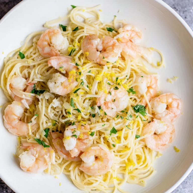A rustic white bowl holds a serving of Lemon Butter Shrimp Pasta Lite, with fresh parsley and lemon wedges on the side, ready for a light weeknight dinner.