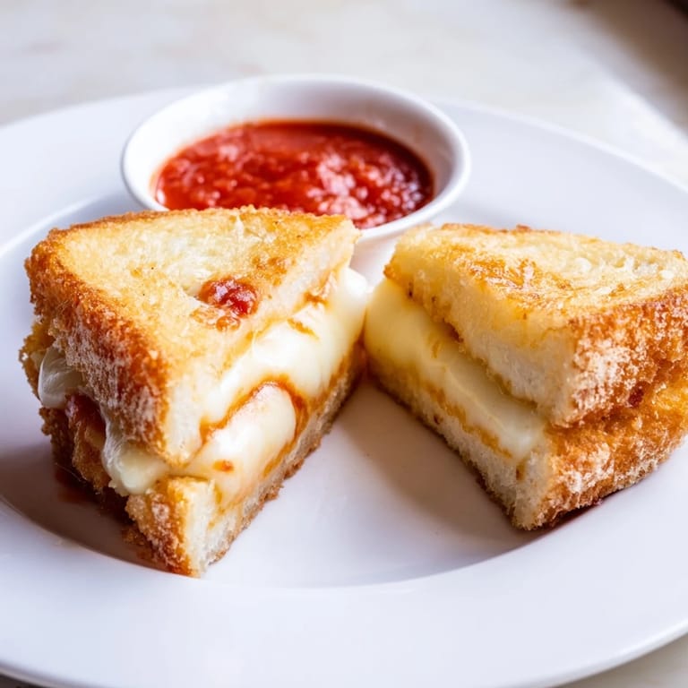 A close-up of a crispy, buttery Mozzarella Stick Grilled Cheese sandwich oozing melted cheese and revealing crunchy mozzarella stick filling inside.