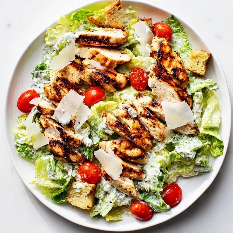 Tender grilled chicken pieces top a fresh salad bowl of chopped romaine, cherry tomatoes, croutons, and shaved Parmesan cheese.