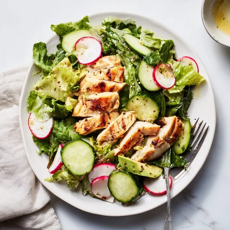 A serving of Spring Detox Chicken Salad paired with a chilled Sauvignon Blanc on a sunny spring afternoon.