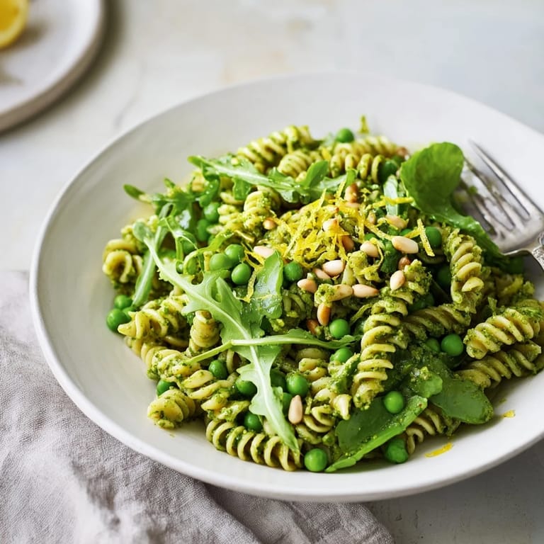A close-up of the Spring Green Pesto Pasta Salad, with juicy peas and peppery arugula tossed in homemade basil pesto, garnished with shaved Parmesan and lemon zest.