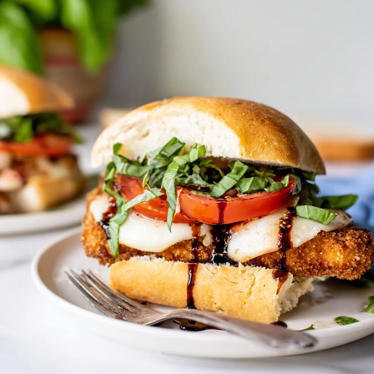 Fresh mozzarella melts over a golden fried chicken cutlet in this Crispy Chicken Caprese Sandwich served on toasted ciabatta.
