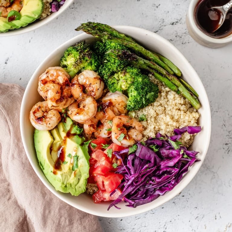 Bright colors pop in this Detox Buddha Bowl with Shrimp and Quinoa, garnished with herbs and a tangy balsamic drizzle.