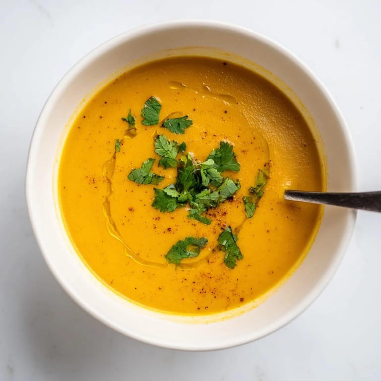 Golden roasted butternut squash and lentil soup simmering in a pot with warming spices and fresh herbs.