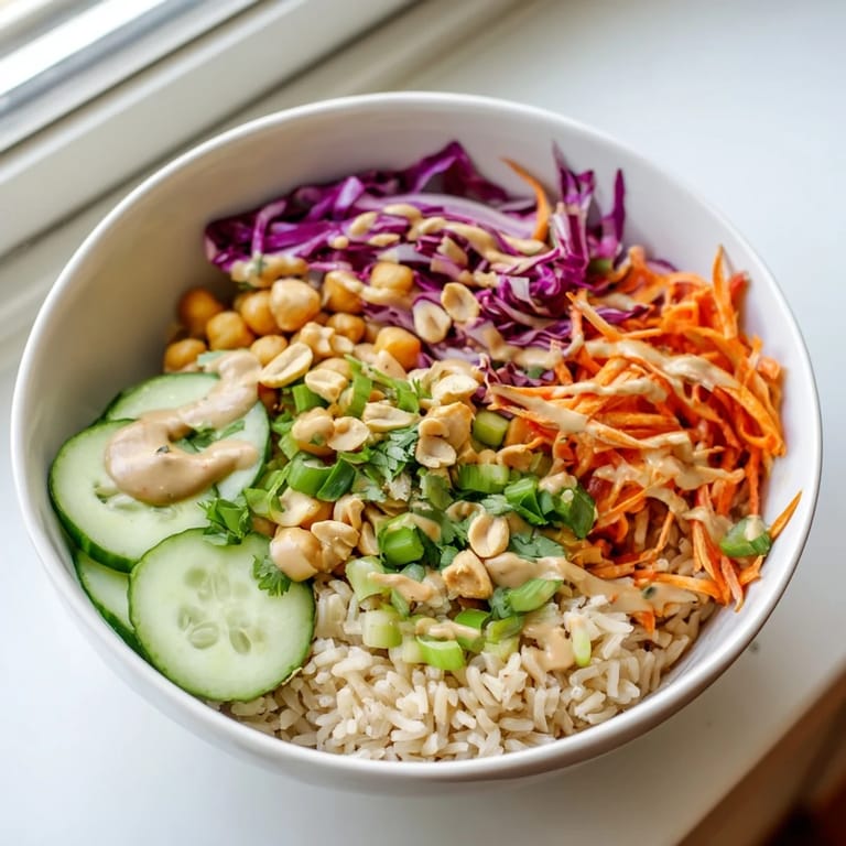 This Peanut Chickpea Rice Bowl features fluffy brown rice topped with chickpeas, shredded carrots, red cabbage, and crunchy roasted peanuts.