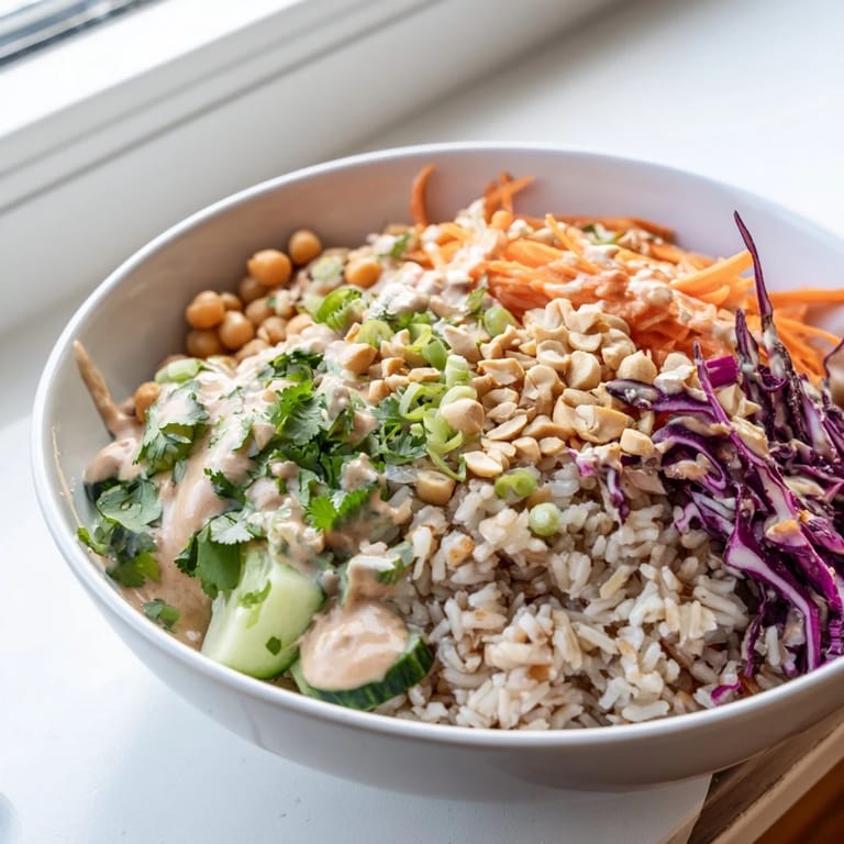 Colorful, high-protein Peanut Chickpea Rice Bowl served in a white bowl with fresh cucumber, scallions, and a glossy peanut dressing.