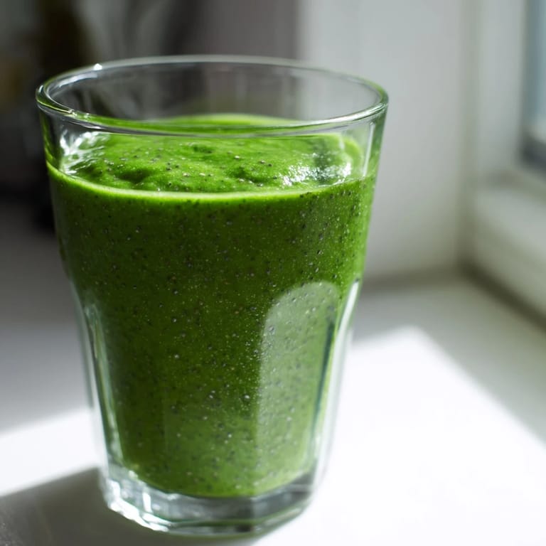 Enjoy a nourishing green detox smoothie blending leafy greens and frozen banana, topped with a sprinkle of chia seeds.