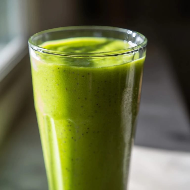 This refreshing green detox smoothie is poured into a clear glass, with a chilled morning backdrop and a slice of apple.  