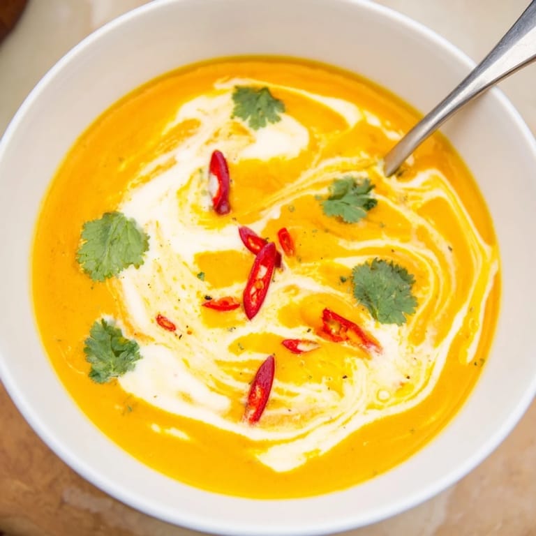 A close-up of vibrant Carrot, Celeriac, and Chilli Soup showing its smooth, orange texture and a slice of fresh chilli.