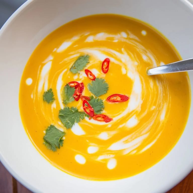 A ladle serving Carrot, Celeriac, and Chilli Soup into a rustic bowl, highlighting the creamy golden broth.