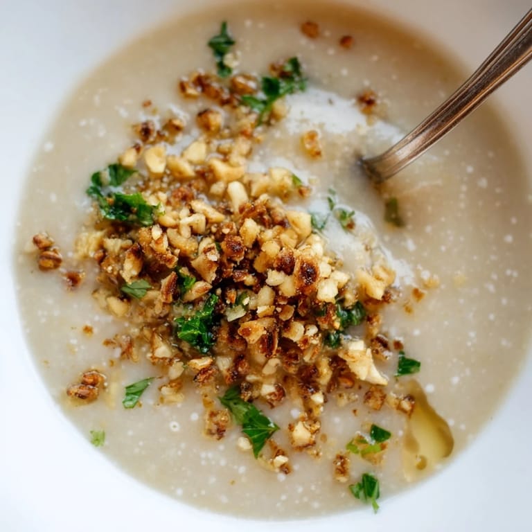 A bowl of smooth celeriac soup with rich hazelnut crumble and a drizzle of cream, ideal for chilly evenings.