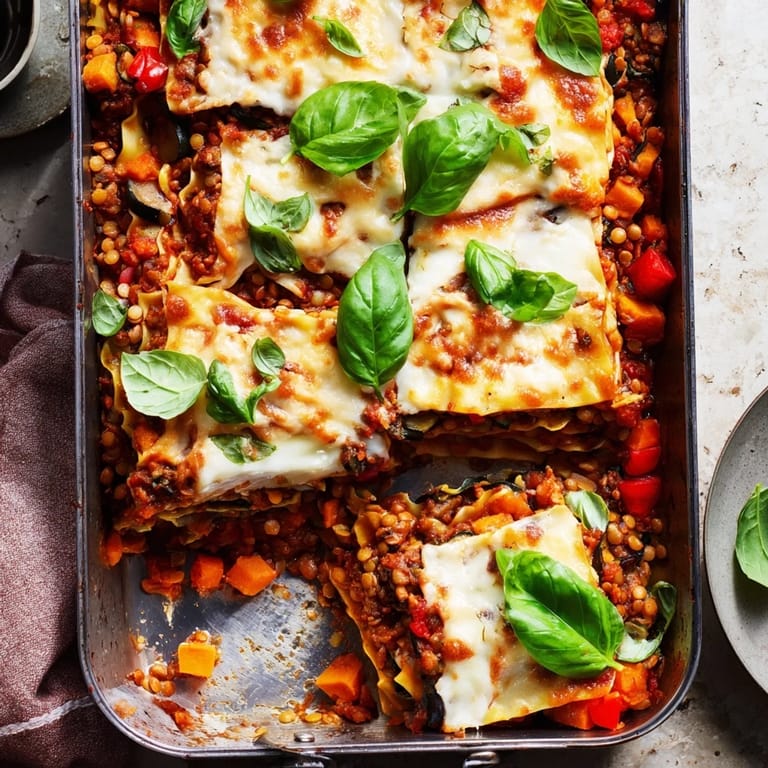 Freshly baked One-Pan Smoky Veggie Lentil Lasagne served from the skillet with a side salad, revealing rich layers and steam.