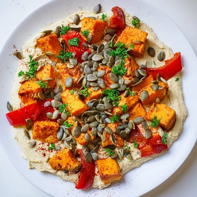 Serving suggestion for the Roast Squash and Hummus Winter Salad, featuring warm roasted veggies against a smooth, savory hummus base.