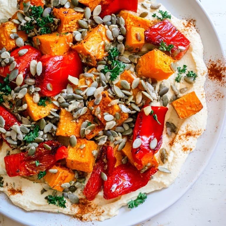 A close-up of the vibrant Roast Squash and Hummus Winter Salad, showcasing caramelized vegetables and a sprinkle of fresh parsley.