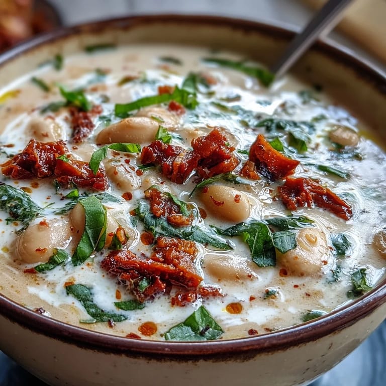 Spoonful of Creamy Tuscan White Bean Soup in a white bowl, garnished with fresh basil and a drizzle of olive oil.