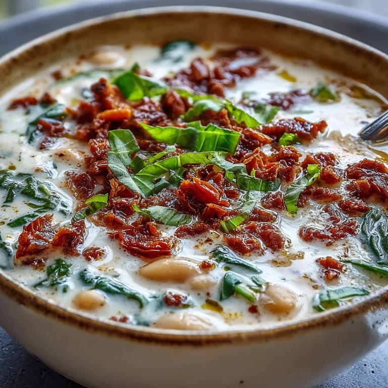 A velvety Creamy Tuscan White Bean Soup topped with crispy pancetta and Parmesan, paired with crusty bread for dipping.