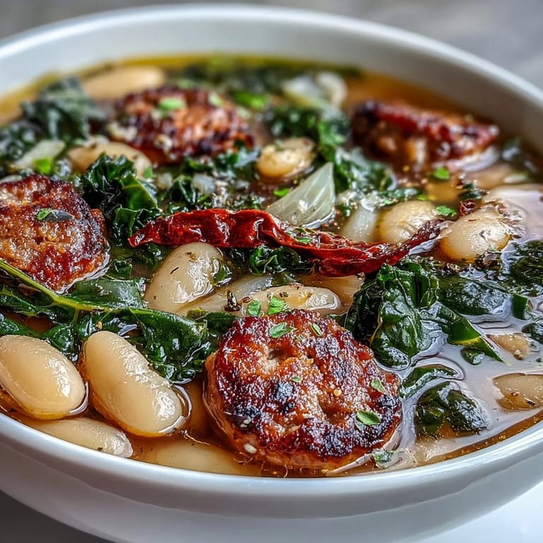 Steaming pot of Italian White Bean Soup with Kale and Sausage revealing tender kale leaves and creamy cannellini beans in the broth.