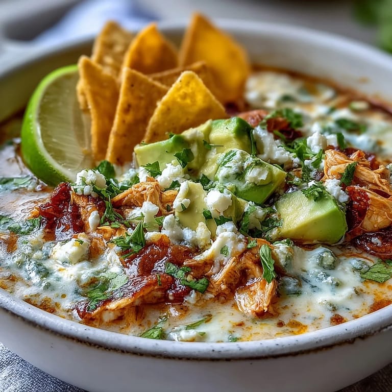 Close-up of Creamy Chicken Tortilla Soup showing creamy broth, shredded chicken, and crushed tortilla chips.