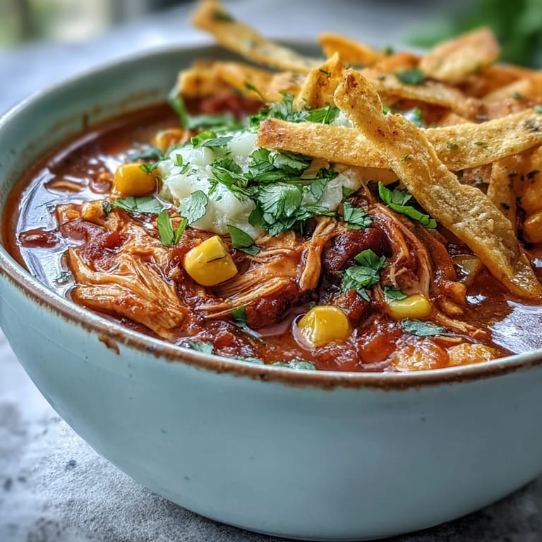 Steam rises from a rich pot of the Best Chicken Tortilla Soup, filled with tender chicken, corn, and bright red tomatoes.