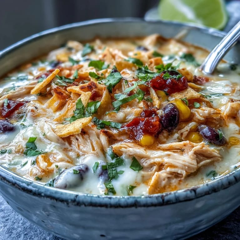 Easy Chicken Tortilla Soup steaming in a rustic pot, showing tender chicken, black beans, and corn in a creamy red broth.