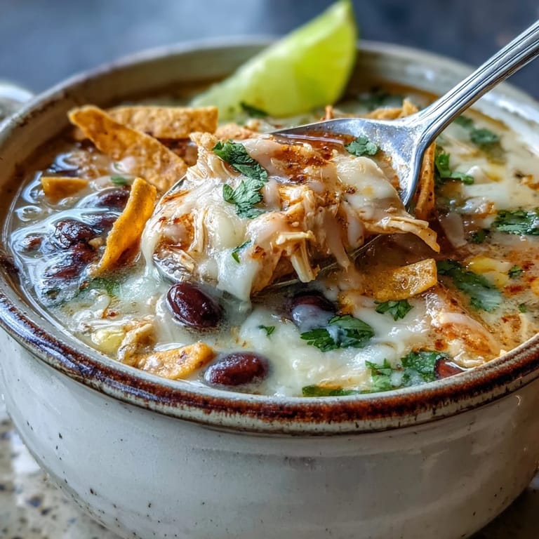 Easy Chicken Tortilla Soup served with lime wedges and avocado slices on a colorful tiled background, ready to eat.