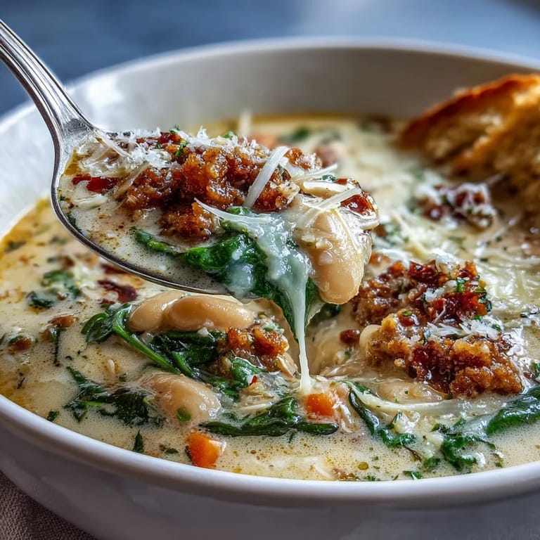 Serving Epic Creamy Tuscan White Bean Soup With Sausage alongside crusty artisan bread for a comforting Italian dinner.