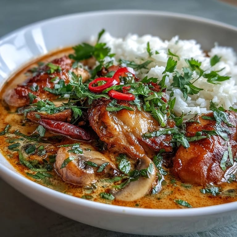 A steaming bowl of Thai Coconut Curry Soup with jasmine rice, carrots, and red chili slices for a spicy kick.
