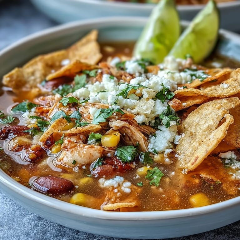 Close-up of steaming Chicken Tortilla Soup featuring tender shredded chicken, pinto beans, and crunchy tortilla strips.