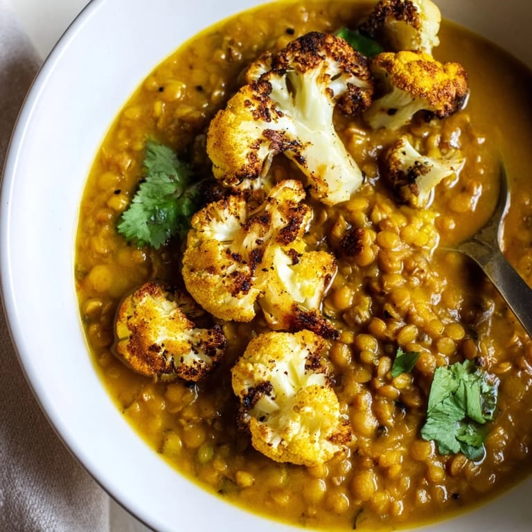 A steaming bowl of aromatic red lentil dhal topped with spiced, crispy cauliflower florets and a squeeze of fresh lemon.