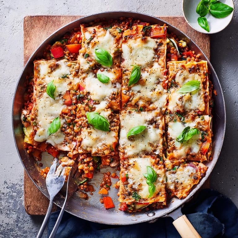 Close-up of One-Pan Smoky Veggie Lentil Lasagne showing creamy béchamel, hearty lentil bolognese, and golden cheese topping in a rustic pan.