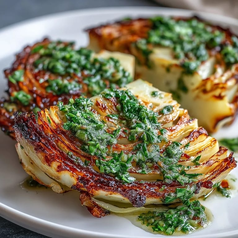 Roasted cabbage steaks topped with spicy green jalapeño chimichurri for a vegan dinner.