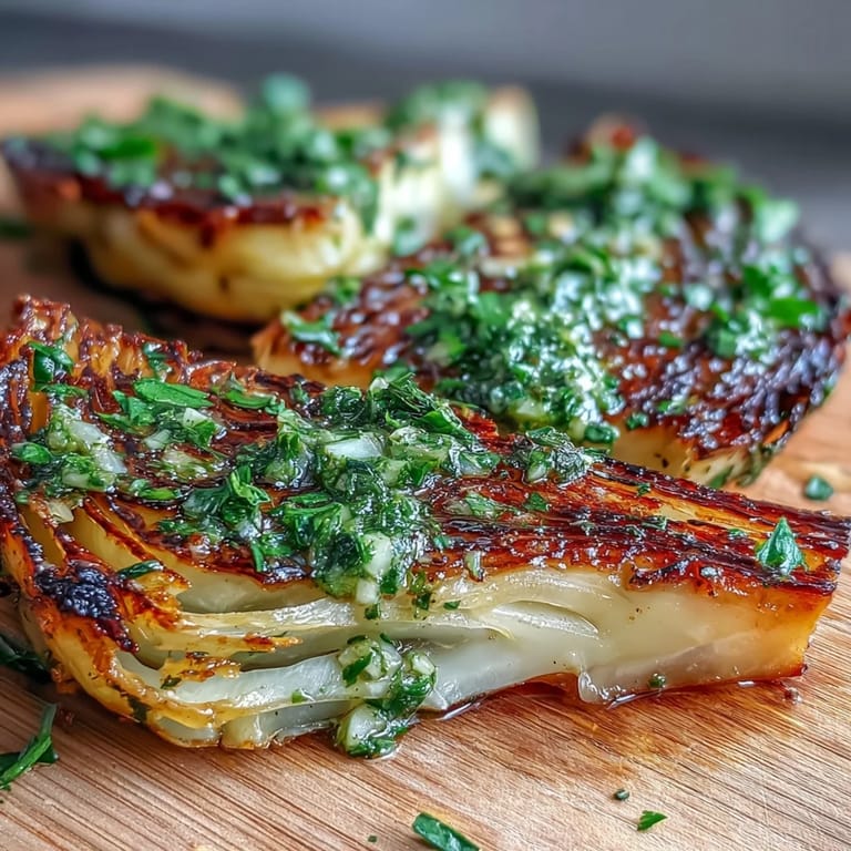 Thick, caramelized cabbage steaks served with fresh jalapeño chimichurri and fresh herbs.