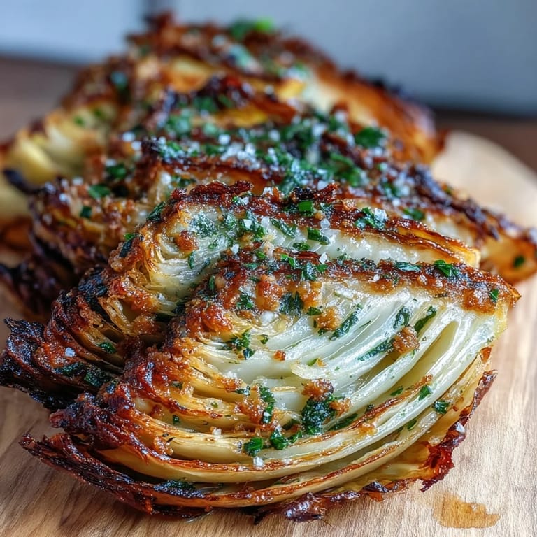 A close-up of Roasted Garlic Parmesan Cabbage Wedges served hot, topped with extra cheese and herbs.