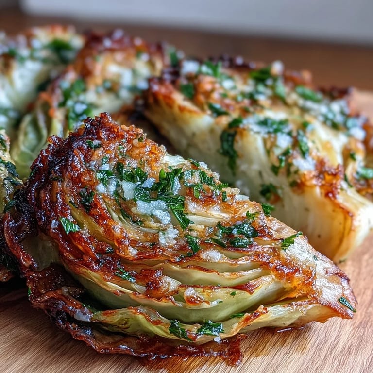 Freshly baked Roasted Garlic Parmesan Cabbage Wedges plated alongside grilled chicken for a hearty vegetarian dinner.