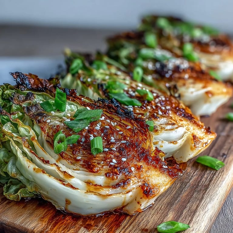 Plated Miso Butter Roasted Cabbage Wedges garnished with sesame seeds and green onions, perfect alongside grilled tofu.