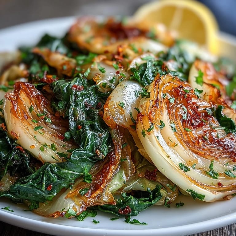 Golden sautéed cabbage with garlic and Mediterranean spices, served warm as a vegan side dish with lemon wedges.