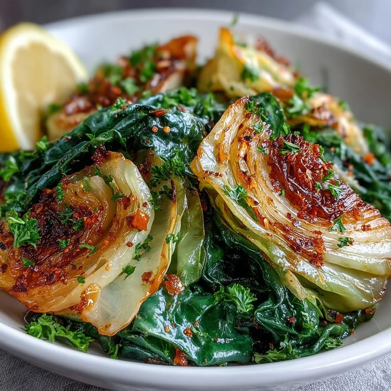 Vibrant sautéed cabbage with garlic and Mediterranean spices garnished with parsley, paired with lemon wedges on a rustic table.