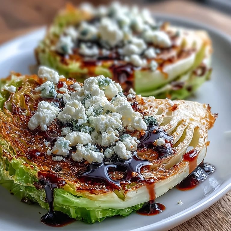 Golden Crispy Cabbage Steaks With Feta and Balsamic garnished with parsley beside a bowl of roasted wedges.