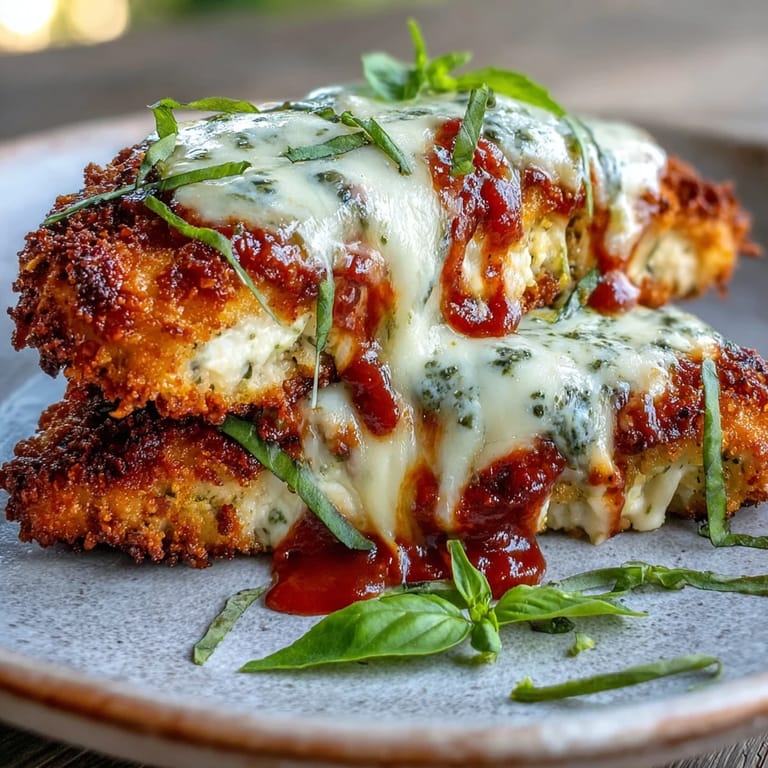 Sliced Pesto Chicken Parmesan served over pasta with a fresh salad garnish on a rustic plate.