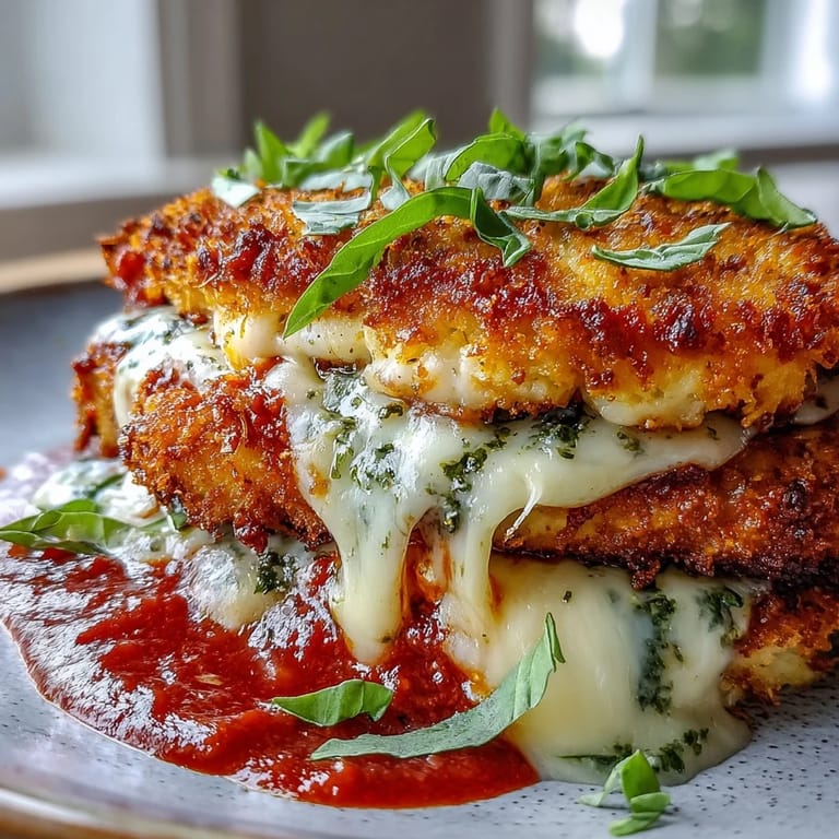 U.S. weeknight dinner: juicy Pesto Chicken Parmesan with bubbling cheese, basil pesto, and rich tomato sauce.