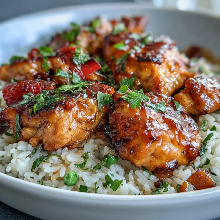 Bright bell peppers and peas top a hearty serving of One-Pan Bold Honey BBQ Chicken Rice, a vibrant, quick meal with minimal cleanup.